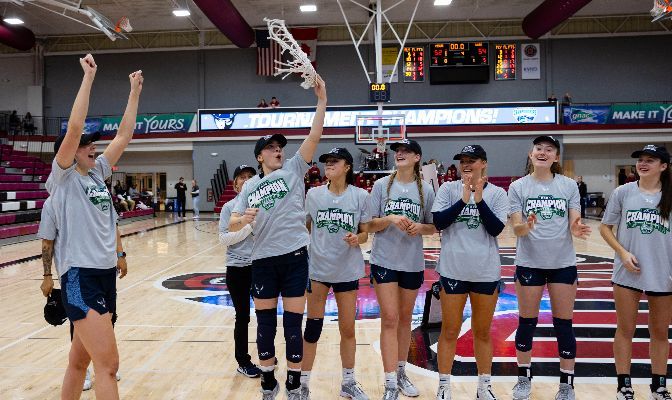 The Vikings celebrated on Saturday after knocking off MSUB 54-52 to claim their second straight GNAC Championships title.