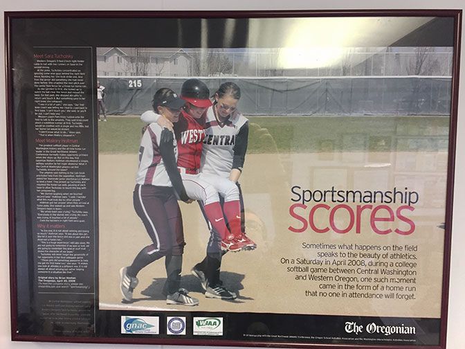 This poster commemorating the Tucholsky home run was co-produced by the GNAC, the OSAA and the WIAA, and distributed to local high schools and colleges to promote sportsmanship.