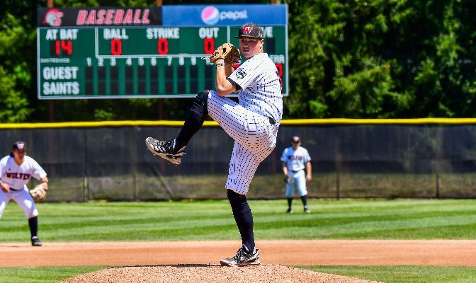 Chris Hardin threw the first six innings for Western Oregon on the way to the Wolves' 5-4 win over Central Washington. | Photo by Ron Smith