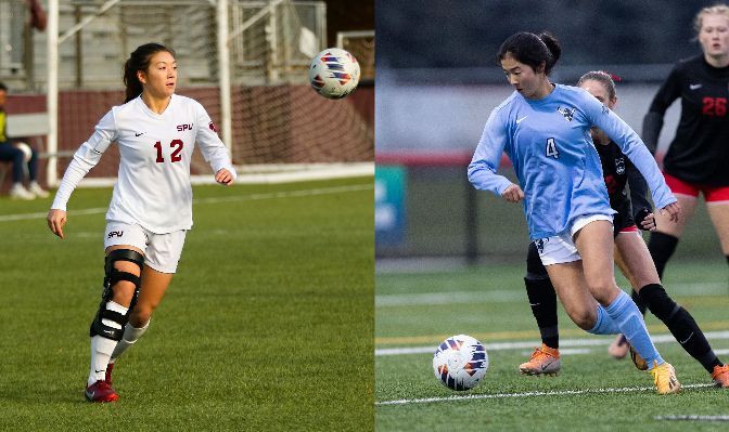 SPU's Sophie Beadle (Left) and WWU's Morgan Manalili (Right) both earned selection to the 2023 United Soccer Coaches Women's Soccer All-America Team.