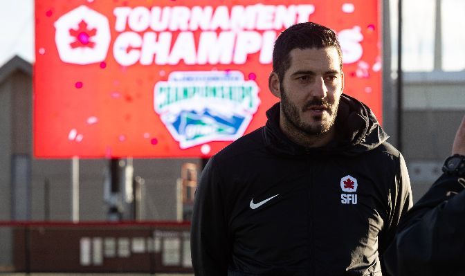 Carlo Basso has been named the permanent head coach of the Simon Fraser women's soccer team after leading the Red Leafs to the GNAC title in 2023 as interim head coach.  | Photo By Jacob Thompson