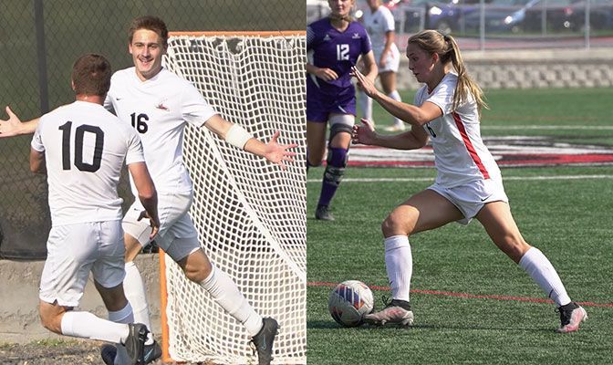 Sullivan Smith (left) scored two goals, incuding the game-winner against No. 14 West Texas A&M. Grande also scored two goals in a 2-0 week for the NNU women.
