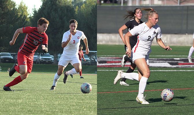 Jake Levine (left) scored two goals in two NNU men's victories while Ashley Parton scored three, including a pair of game-winners, in two Nighthawks women's wins.