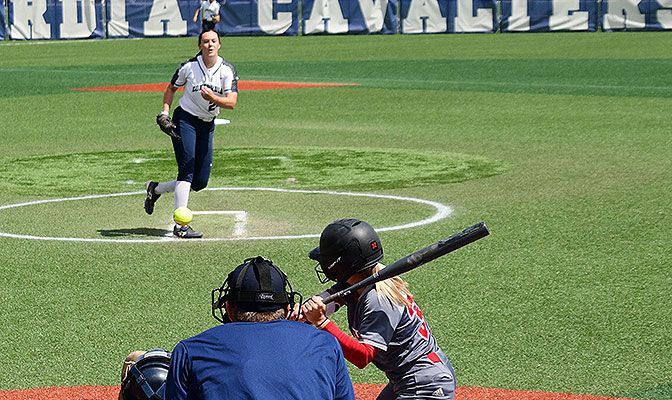 Mckenzie Smith (upper left) allowed just one hit and also scored a run in Concordia's first-ever GNAC Championships victory. Photo by Philip Sedgwick.