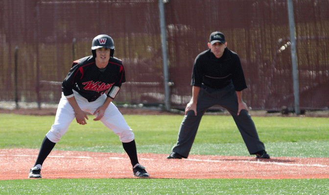 WOU's Blake Miller takes a lead off first base in a game earlier this season at Monmouth.