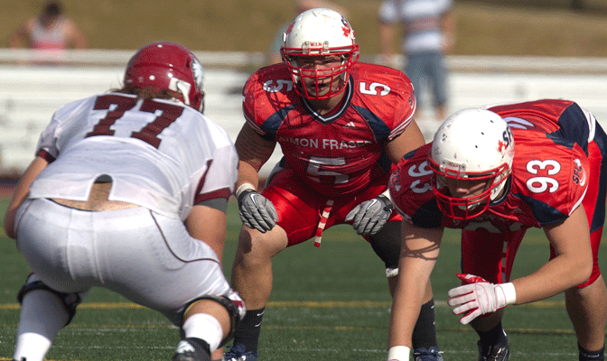 SFU linebacker Casey Chin (5) is rated as a Top 15 prospect by CFL scouts.