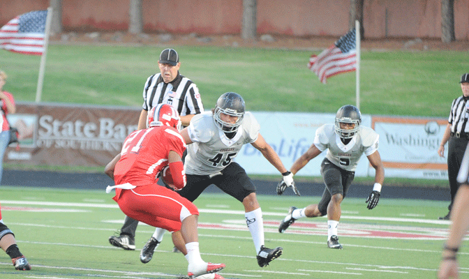 Azusa Pacific linebacker Steven Fanua (45) leads the Cougars in tackles with 35. DB Tyler Thornton (5) is tied for second in the GNAC with two interceptions (Photo by Ken Williams).