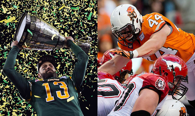 Mike Reilly (left) was the Most Valuable Player of the 2015 Grey Cup game while Adam Bighill was the CFL's Most Outstanding Defensive Player. Photos courtesy CFL/BC Lions.