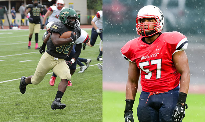 Humboldt State's Ja'Quan Gardner (left) leads Division II in rushing while Simon Fraser's Jordan Herdman (right) is among the Division II leaders in tackles.