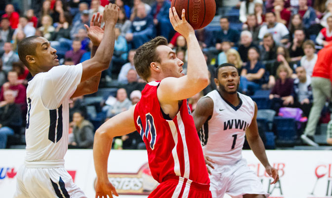 Michael Harper hit the first of the Clans 12 three pointers on Saturday in SFU's first conference game of the season.
