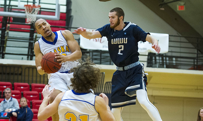Joe Slocum scored 18 points and went 4 of 6 from three-point range to help lead Alaska to their first GNAC Championships final. Photo by Dan Levine.