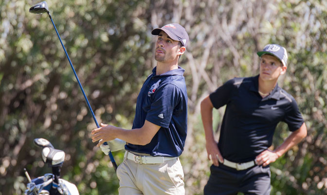 Simon Fraser senior Mike Belle, pictured here with Western Washington junior Mark Strickland in the background, takes a GNAC-leading average round of 73.7 into the conference championships.