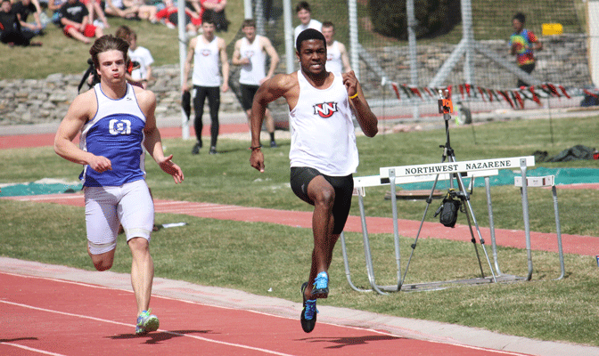 Rimar Christie (right) set a GNAC record in the 100 meters and just missed records in the 200 and 4x100 relay.