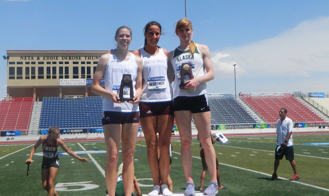 Ali Worthen (center) won heptathlon national title, while UAA's Karolin Anders (right) placed fifth and SPU's Katy Gross (left) placed sixth (Photo by Mark Moschetti).