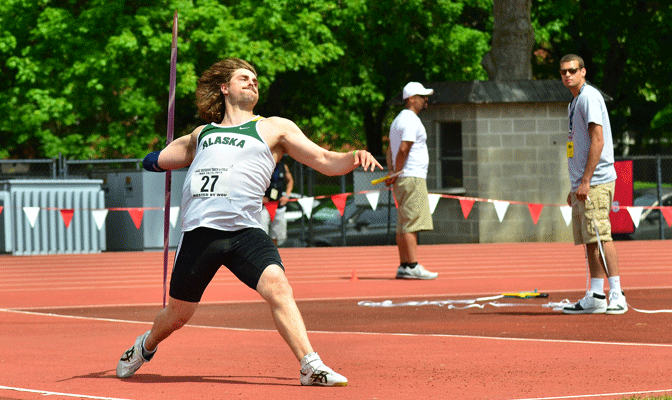 Parker won the javelin at the NCAA national meet with a throw of 255-10, falling three inches short of a 17-year meet record (Photo by Tim Miller)
