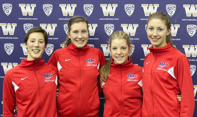 SFU's Chantel Desch, Lindsey Butterworth, Michaela Kane and Helen Crofts lead Division II with a DMR time of 11:41.78 (Photo by Ben Coles).