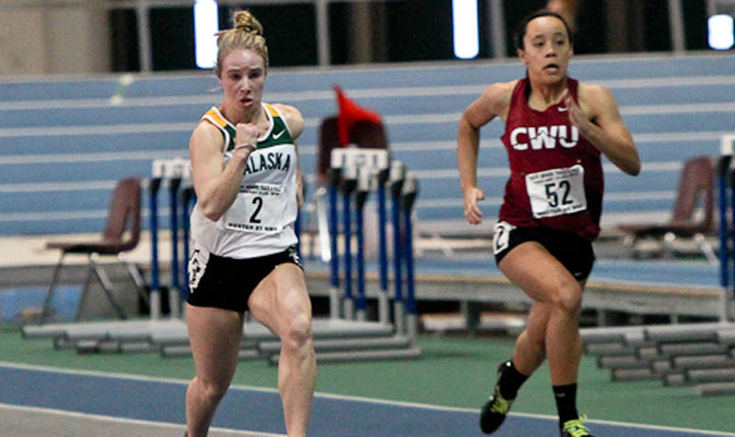 Jamie Ashcroft (2) tied GNAC record in women's 60 Friday in opening day of GNAC Indoor. CWU's Jasmine Leaptrot ran a time of 8.06 and failed to advance (Photo by Loren Orr).