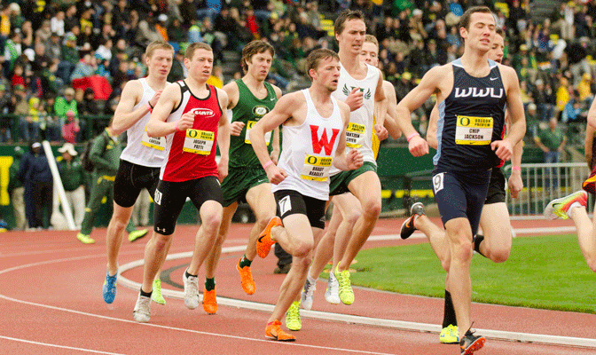 WOU's Brady Beagley (center front) ran the second fastest 1500 meter time in NCAA Division II this spring last Saturday at Eugene.