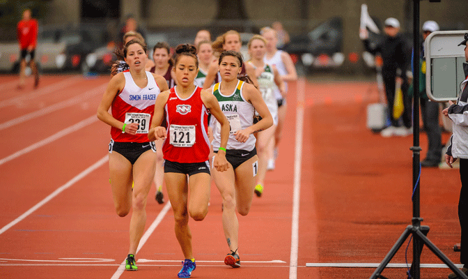 SFU's Sarah Sawatzky (left),  NNU's Natalie Evans (center) and Susan Bick (right) of Alaska Anchorage are among four GNAC qualifiers in the 800 (CJImagesNW.com).