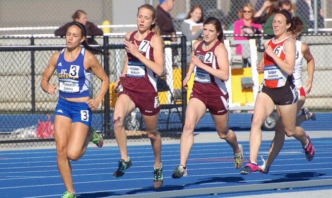 Fricker (second from left) posted the best time in the 800 prelims Friday. Running alongside Fricker is teammate Lynelle Decker.