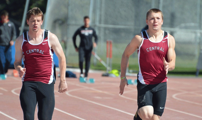 CWU's Justin Peterson (right) and Brandon Roddewig rank second and third after Day 1 in the decathlon.