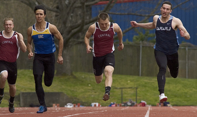 Among the competitors in the GNAC decathlon Monday at Ellensburg will be CWU's Justin Peterson (third from left) and WWU's Michael Stralser (far right)