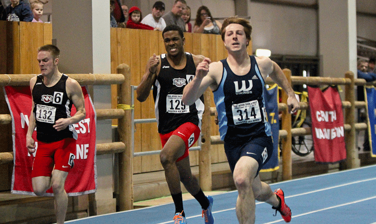 Alex Donigian (right) is the two-champion in the 60 and 200.  Among his challengers this weekend will be Rimar Christie (middle) of Northwest Nazarene.