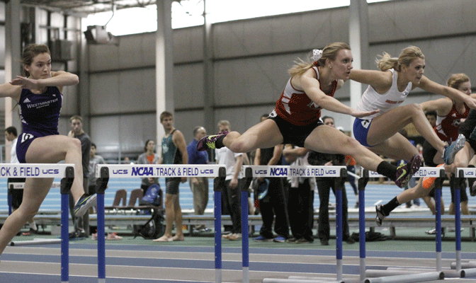 NNU's Chelsey Knott (second from left) made her collegiate debut Saturday running the eighth fastest 60 meter hurdles time in GNAC history.
