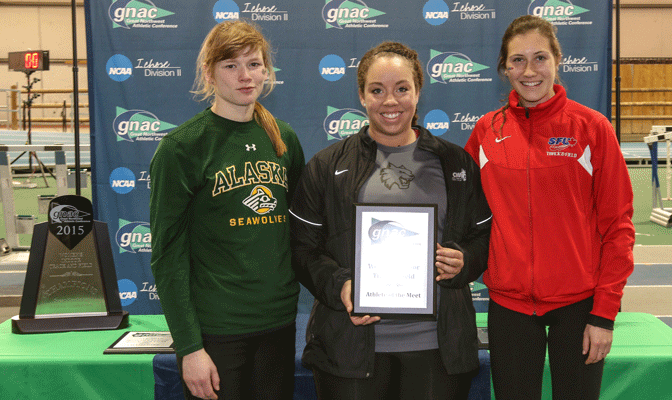 Karolyn Anders of UAA, CWU's Becki Duhamel and SFU's Lindsey Buttterworth all won two events at GNAC meet.  Anders and Butterworth will compete next week in NCAA national meet (Photos by Loren Orr)