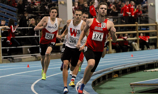 SFU's Cameron Proceviat (far left) posted a PNQ in the 800 meters  last week. Running alongside him is WOU's Josh Hanna and SMU's Frank Krause.