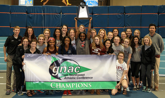 Seattle Pacific celebrates its 10th GNAC indoor title (Photo by Loren Orr)