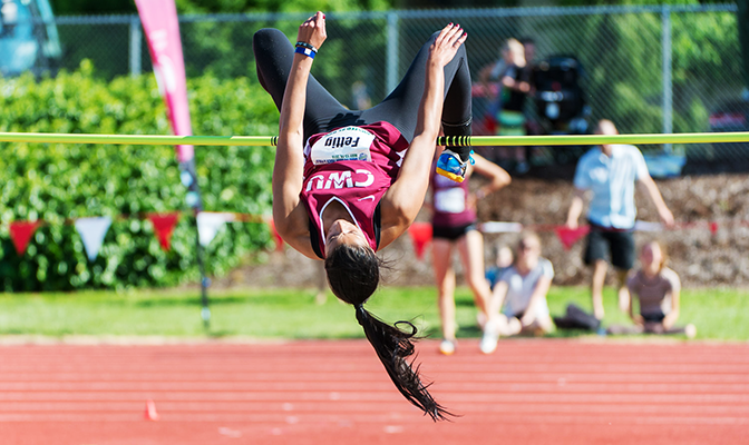 Central Washington senior Tayler Fettig set a GNAC meet record in the high jump, winning with a clearance of 5 feet, 9.75 inches. Photo by Chris Oertell.