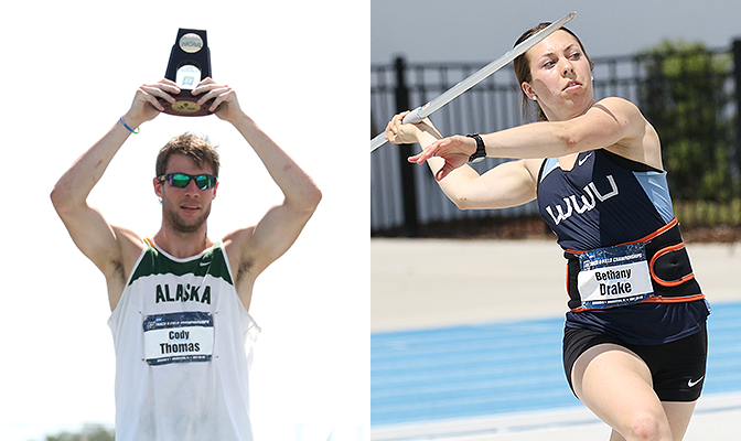 Cody Thomas (left) won the Division II national title in the decathlon while Bethany Drake was the national runner-up in the javelin. Photos by Kyle Terwillegar/USTFCCCA.