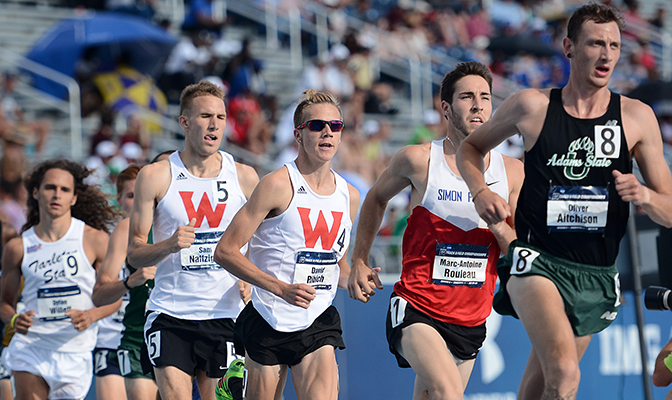 Western Oregon's Sam Naffziger (left) and David Ribich and Simon Fraser's Marc-Antoine Rouleau will comprise a third of Saturday's men's 1,500-meter final. Photo by Kyle Terwilliger/USTFCCCA.