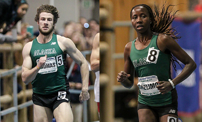 Cody Thomas finished third at the NCAA Championships in the heptathlon while Joyce Chelimo was second in the 5,000 meters and sixth in the 3,000 meters. Photos by Loren Orr.