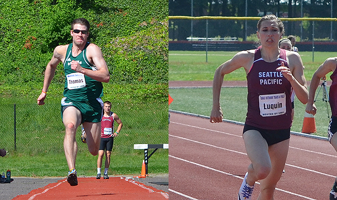 Cody Thomas (left) set a GNAC decathlon meet record with 7,201 points. Maliea Luquin's heptathlon score of 4,738 points is a provisional qualifer for the NCAA Championships. Photos by Megan Lobdell.