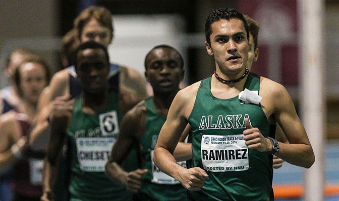 Michel Ramirez was an early leader for Alaska Anchorage in the 5,000 meters before teammate Dominik Notz surged on to a meet record 14:36.46. Photo by Loren Orr.