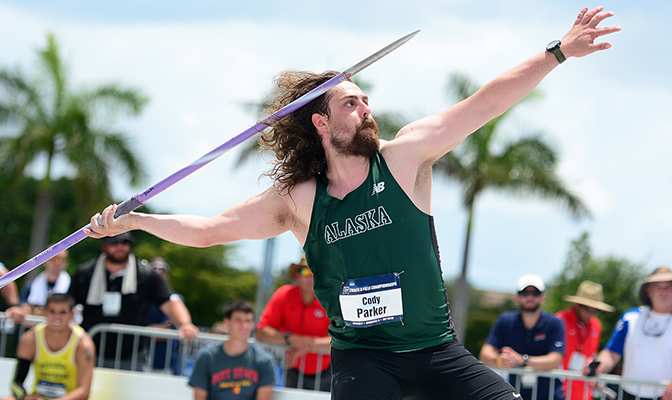 Alaska Anchorage's Cody Parker led the men's javelin competition until the fifth round. Photo by Kyle Terwillegar/USTFCCCA.