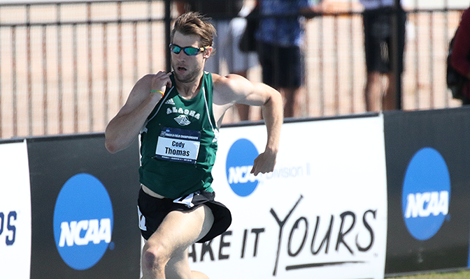 Cody Thomas won the decathlon long jump and 400 meters, both with lifetime bests. Photo by Jon Holtz/Slippery Rock Univ.