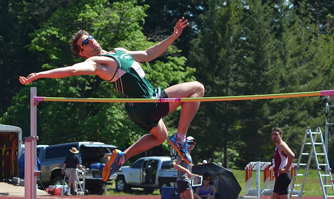 Cody Thomas set GNAC Championships decathlon records in both the high jump (6-7.5) and the 400 meters (48.00 seconds). Photo by Megan Lobdell.
