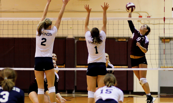 SPU outside hitter Cailin Fellows (far right) led Falcons to road wins at Anchorage and Fairbanks.