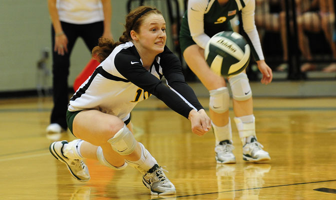 Siobhan Johansen digs ball in UAA victory over Adelphi last weekend (Photo by Sam Wasson).