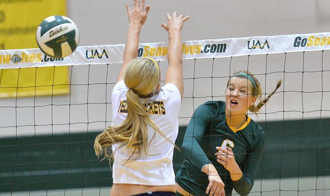 Julia Mackey led the Seawolves to two wins, tallying 26 kills and a .345 hitting percentage (Photo by Sam Wassom)