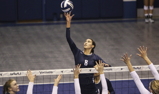 WWU's Kelsey Moore's 23rd kill snapped a 15-15 tie in the fifth set of the Vikings 3-2 win Saturday.