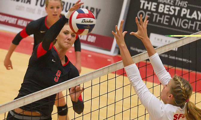 Andrea Terpstra (9) is the GNAC leader and ranks ninth nationally in blocks averaging 1.27 per set.
