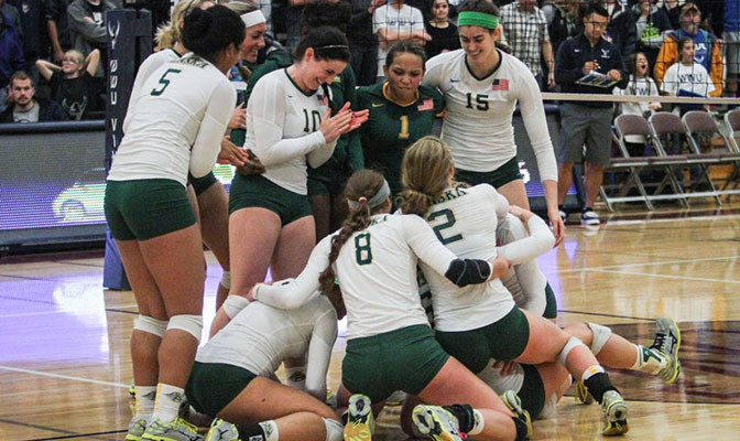 Alaska Anchorage celebrates after their three-set sweep at Western Washington on Saturday, giving the Seawolves sole possession of first place in the GNAC.