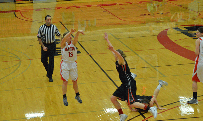 SMU's Angela Gelhar (13) capped off her 27-point masterpiece against Northwest Nazarene with this 3-pointer with 54 seconds remaining in the Saints' 61-56 victory on Saturday.
