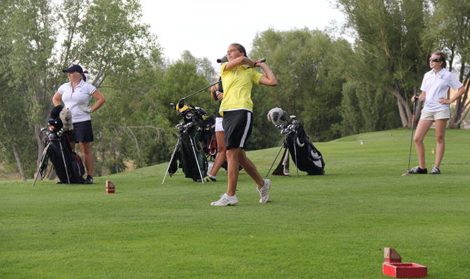 MSU Billings' Katie Fish (yellow), named GNAC women's Golfer of the Week, shot a 152 and helped the Yellowjackets to a school-record one-round score of 298 last week at the Yellowjacket Invitational.
