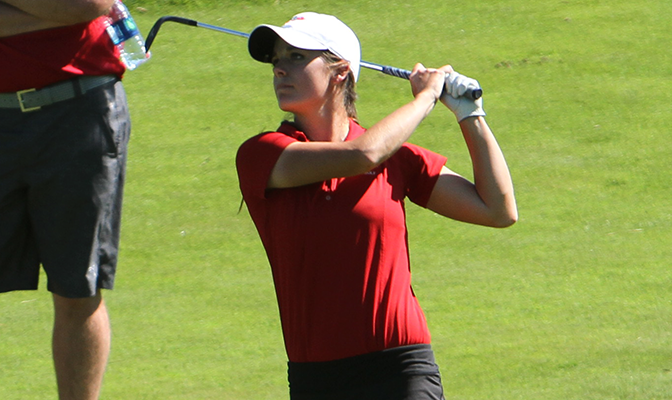 Michelle Waters' round of 3-over-par 74 is her best round of the season by three strokes. She leads the GNAC Championships by two strokes. Photo by Shawn Toner.
