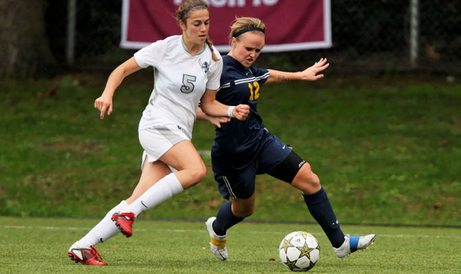 Catherine Miles (5), shown in action in last week's GNAC championship game against MSUB, earned an assist on WWU's game-winning goal Sunday (Photo by Andrew Towell).